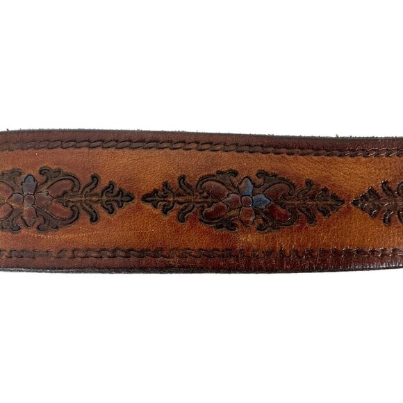 Vintage 70s Tooled Leather Womens Size 32 BELT Blue Floral Brass Buckle Hip Boho - Picture 9 of 11